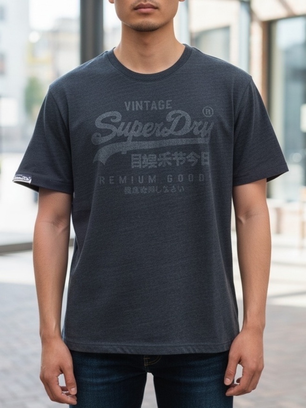 Superdry (M) Orange Label Premium Goods Men's Tee Blue Black Authentic